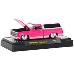 1973 Chevrolet Cheyenne 10 Truck w/Camper Shell "C" Bright Pink w/White Top & Stripes 1/64 Diecast Model Car by M2 Machines