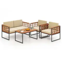 Costway 4 PCS Acacia Wood Outdoor Sofa Set with Heavy Duty Metal Frame Soft Seat