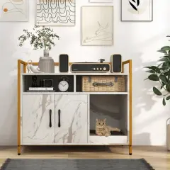 Tangkula Large Litter Box Enclosure Cat Wooden Storage Cabinet with 2 Doors Marble White