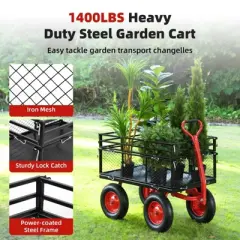 Steel Garden Cart, Heavy Duty Utility Dump Wagon with 10" Wheels, Removable Sides, 180&deg; Handle for Yard Farm