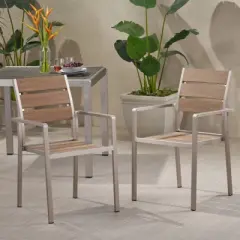 SKRAN Outdoor Modern Aluminum Dining Chair Set with Faux Wood Seat, Natural and Silver - Set of 2, Lightweight and Durable for Patio or Backyard