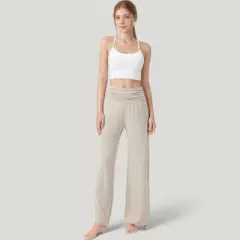 Anna-Kaci Active Women's Wide Leg Lounge Pants with Fold Over Waistband and Adjustable Drawstring Hem
