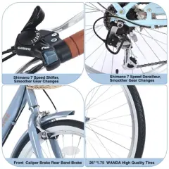 INFURNIC Bicycles 7 Speed City Bike with Basket and Steel Frame for Girls Commuter and Leisure Riding, Blue, 66.93"*24.8"*41.34"