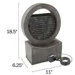 Round Cascade Outdoor Fountain - 18.5-Inch Modern Polyresin Waterfall with Stone Wall Design and LED Lights for Outdoor Decor by Nature Spring (Gray)