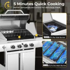 ZAFRO 4-Burner Gas Grill with Side Burner, Stainless Steel Propane Grill 42000BTU for Outdoor Cooking, Silver