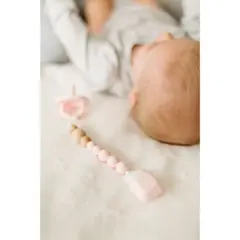 Loulou Lollipop Silicone + Wood Soother Holder in Silicone Clip - Color Pop Pink Quartz