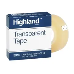 Highland Transparent Tape, 3/4" x 1296", 1" Core, Clear, 12 Rolls