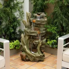 Cascading Stone Tower Fountain With Cool White LED Lights - Alpine Corporation