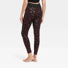 Women's Foil Print Santa Hats Seamless Fleece Lined Leggings - Wondershop&trade; Black/Red