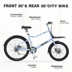 26 Inch Bike, Front 20" & Rear 26" City Bike, 7 Speed, Aluminum Alloy Frame, Cargo Bike for Women and Men