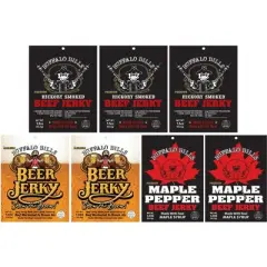 Buffalo Bills 7-Piece Premium Beef Jerky Sampler Black Velour Wine Gift Bag (seven 1.5oz packs)