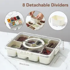 1 Piece Divided Tray with Lid and Handle - Portable Snack Box Deli Container, Clear Snack Platter Organizer, 8 Compartments, White