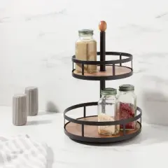 Wood 2-Tier Round Spice Rack - Threshold&trade;: Revolving Black Organizer, Freestanding Seasoning Holder, Wood & Steel