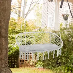 Syemin Patio Swings Chair Macrame Swing with Soft Cushion, Hanging Cotton Rope Chair for Indoor Outdoor Home Patio Backyard, Gray, 51.25"*29.5"*15.75"