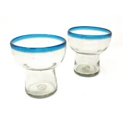 Dos Sue&ntilde;os Mexican Hand Blown Stemless Margarita Glasses - Aqua Rim - 14oz - Set of 2