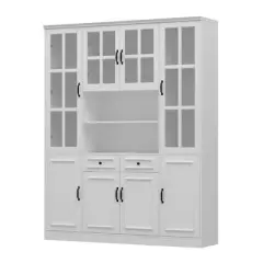 Famapy 63"W Large Storage Cabinet Display BookShelf With Glass Doors White