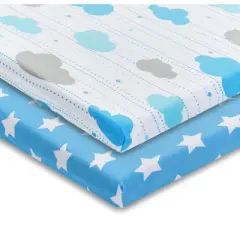 Everyday Kids 2-Pack Pack 'n Play Sheets &ndash; 100% Jersey Cotton, Blue & Gray Star and Cloud Designs, Soft Fitted Sheets for Portable or Mini Cribs