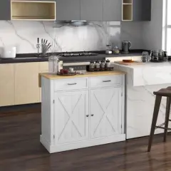 Yukimo Farmhouse Kitchen Island Cart with Drop Leaf Breakfast Bar, 2 Drawers, Adjustable Shelves, White Wood