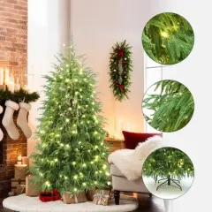 LuxenHome 6Ft Pre-Lit Green Full Artificial Cedar Christmas Tree with Metal Stand