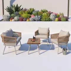 4-Piece Boho Patio Furniture Set with Handmade Rope Weave, Acacia Wood Table, and Metal Frame