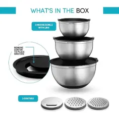 Mixing Bowls with Lids Set - Nesting Bowls with Airtight Lids and Graters - Stainless Steel Non-Slip Mixing Bowl for Baking, Food Storage and Prepping