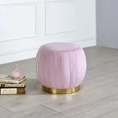 Simple Relax Upholstered Round Ottoman with Metal Base in Pink and Gold