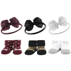 Hudson Baby Infant Girl 12Pc Headband and Socks Giftset, Burgundy Leopard Blush Taupe, One Size