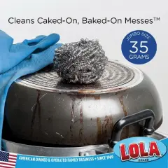 Stainless Steel Wool Scourer -Jumbo Sized- 35 Grams, by LOLA, Curled Flat Wire, Cleans Caked On & Baked On Messes on Cookware, 1 Pack