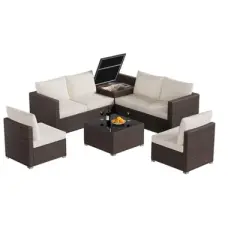 8 Pieces Outdoor Patio Furniture Set, Wicker Rattan Sectional with 4" Cushions, Glass Table & Hidden Storage Box, Brown