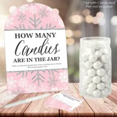 Big Dot of Happiness Pink Winter Wonderland Holiday Snowflake Birthday Party and Baby Shower Game - 1 Stand and 40 Cards - Candy Guessing Game