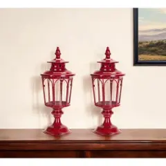 HomeRoots Set of Two Red Distressed Ornate Glass And Metal Tabletop Lantern Candle Holders