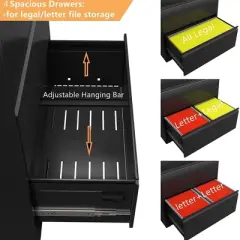 AOBABO 4 Drawer Lateral Steel File Organizing Cabinet with Locking System and Adjustable Hanging Bars for Letter/Legal Size Paper, Black