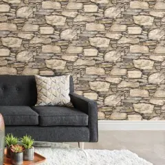 NuWallpaper Hadrian Stone Wall Peel & Stick Wallpaper Sand Stone: 3D Slate Vinyl, Self-Adhesive, Peelable, Washable, 30.75 Sq Ft Coverage