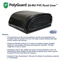 PolyGuard 20 x 20 Foot 20 Mil Flexible PVC Pond Liner for Backyard Fish Ponds, Waterfalls, and Water Gardens, Withstands Extreme Hot and Cold
