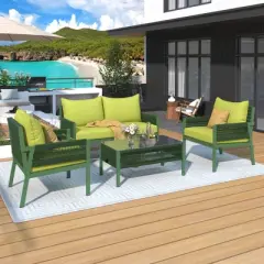FIONECA 4-Piece Rope Patio Furniture Set with Tempered Glass Table, Fluorescent Yellow & Green Cushions