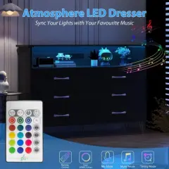 Dresser for Bedroom with LED Light & Charging Station, 6 Drawers Wooden Dressers with Open Space