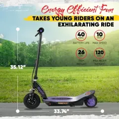 Razor Power Core E100 Electric Scooter with Aluminum Deck for Kids Ages 8+, 120 lb Weight Capacity, Purple &ndash; 11 Mph, 60-Min Ride Time, Pneumatic Tire