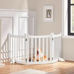 Yaheetech 24inch Tall Freestanding Wooden Pet Gate with Door, White