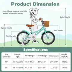 Costway 16'' Kids Bike w/Height Adjustable Handlebar Seat Basket Bell Training Wheels