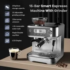Garvee Espresso Coffee Maker, 15 Bar Professional Espresso Coffee Maker with Built-in Grinder, LED Display, Self-Clean Latte Machines for Office Grey