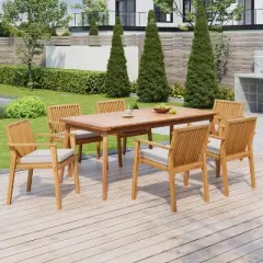 Christopher Knight Home Ahri Farmhouse 7 Piece Patio Acacia Wood Dining Set with Cushions