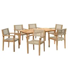 Christopher Knight Home Curtis 7 Piece Patio Rustic Slat Design Acacia Wood and Wicker Dining Set
