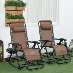 TIRAMISUBEST Set of 2 Zero Gravity Rocking Chairs Outdoor - Foldable Reclining Lounge Chairs with Pillow, Cup Holder & Phone Pocket (Brown)