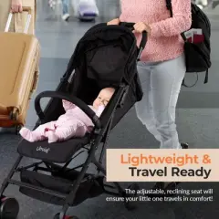 Jovial Portable Folding Baby Stroller &ndash; Compact, Lightweight, Reclining Seat with Canopy &ndash; Black