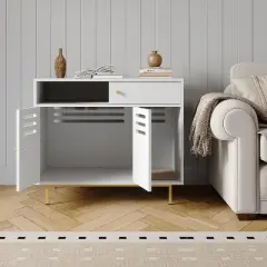 Nasitip 31.5" Hidden Cat Litter Box Furniture with Storage, Double Door Cabinet & Scratching Pad, White