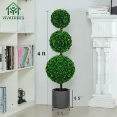 3FT 4FT Triple Ball Topiary Artificial Tree Faux Shrubs Plant Realistic Silk Tree with Gray Planter for Home or Office Outdoor Decoration Set of 2