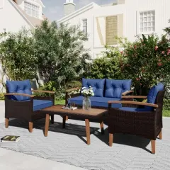 FIONECA 4-Piece Patio Furniture Set, PE Rattan Outdoor Sofa with Cushions & Wood Table, Garden Conversation Set, Brown & Blue