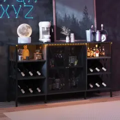 Wine Cabinet with LED Lighting, Metal Sideboard & Stemware Rack, Rustic Buffet Console for Living Room