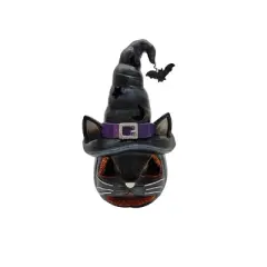 Season's Designs 9" Black Cat with Witch Hat LED Warm White Flashing Lights Halloween Decoration for Indoor & Outdoor Use, Battery Operated (2 AAA