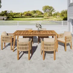 Christopher Knight Home Corin Rustic 7 Piece Outdoor Acacia Wood Woven Rope Dining Set with Slatted Table and Cushions